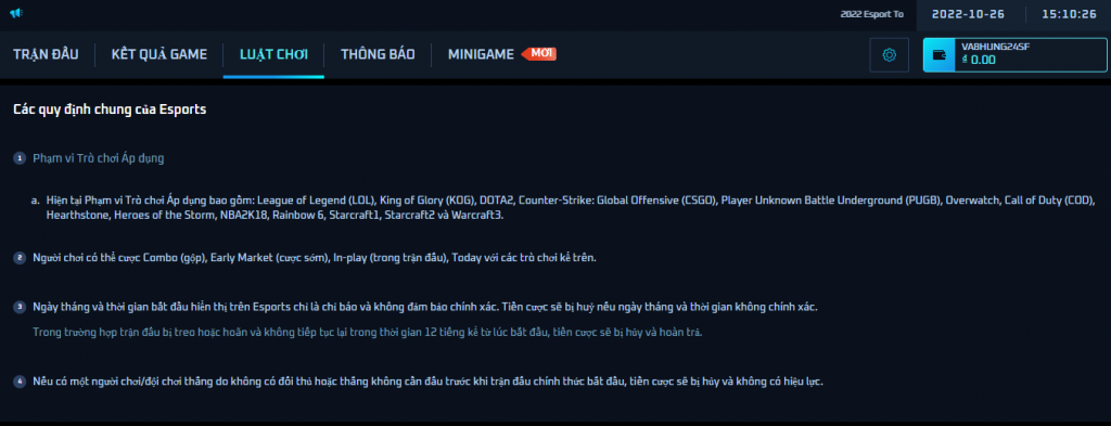 Luật cá cược esport 789bet